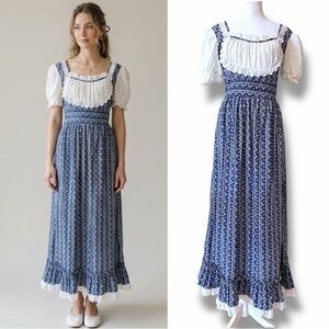 Vintage  70s Ronni Nicole Navy Calico Prairie Cottagecore Boho Maxi Dress Small
